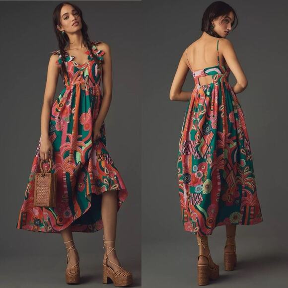 Farm Rio Pleated Palm Midi Dress Tropical - Picture 16 of 16